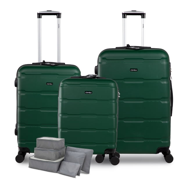 juego 3 maletas de viaje rigidas ruedas 360 bolsas de viaje verde 1 Set de 3 maletas rígidas Verde Rumbo, vistas frontales con tamaños 20", 24" y 28"; carcasa ABS texturizada, tiradores telescópicos plateados, asas laterales, ruedas giratorias 360° y candados integrados; seis bolsas organizadoras grises en primer plano para ropa y zapatos; fondo de estudio blanco. Suele usarse también para guardar accesorios de viaje durante traslados.
