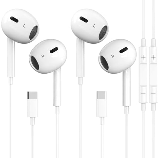 2 paquetes de auriculares usb c para iphone 16/15 con micrófono y control de volumen, auriculares estéreo hifi tipo c para galaxy s23/s22/s21/s20/ultra note 10/20, para ipad pro pixel 7/6/6a/5/4 y más — par de auriculares blancos con conector USB-C y marcaje L/R, cable delgado con control remoto en línea de tres botones (volumen y micrófono), vista frontal sobre fondo blanco; suelen usarse también para llamadas y conferencias móviles.