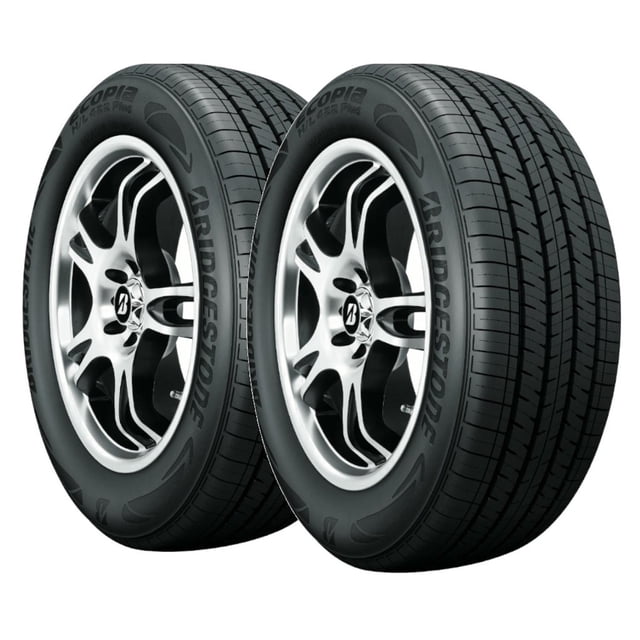 paquete de 2 llantas 235/55 r18 100h bridgestone ecopia h/l 422 plus, vista 3/4 frontal de dos llantas con rines ilustrativos (no incluidos), dibujo de banda simétrico con ranuras longitudinales para evacuación de agua y flancos marcados Bridgestone; diseñadas para confort y tracción confiable en mojado y seco, aptas para autos y SUV, a menudo usadas para reemplazo en ejes delanteros o viajes largos.