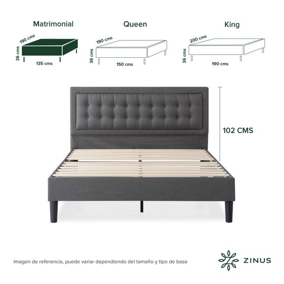 Base de Cama con Cabecera Matrimonial Zinus Dachelle Tapizada Con Botones Gris Oscuro. Fácil Armado, para Todas las Edades.