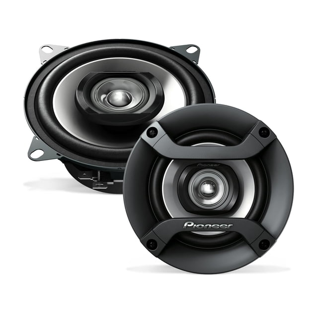 altavoces para coche pioneer ts-f1035r de 2 vías coaxiales de 4 pulgadas Par de altavoces Pioneer TS-F1035R negros de 4" en vista frontal y 3/4, diseño coaxial de 2 vías con tweeter centrado sobre woofer, montaje empotrado y logo Pioneer visible; tamaño de 4" compatible con instalaciones estándar y a menudo usado para mejorar sistemas estéreo de coche pequeños.