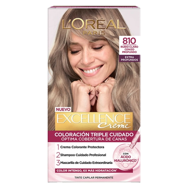 tinte para cabello l'oréal imédia excellence 810 rubio claro cenizo profundo caja frontal centrada con modelo de cabello largo rubio cenizo; texto 'Excellence Creme', sello 810 visible y leyenda 'coloración triple cuidado', indica shampoo profesional y mascarilla en el empaque.