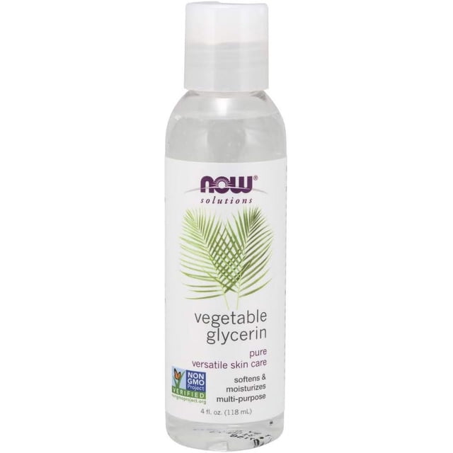 aceite para el cuidado de la piel now glicerina vegetal 118 ml botella transparente con tapa, etiqueta blanca y logo NOW morado, ilustración de hojas verdes y líquido claro; humectante versátil para suavizar e hidratar la piel y uso en rutinas de spa, masaje o cosmética casera.