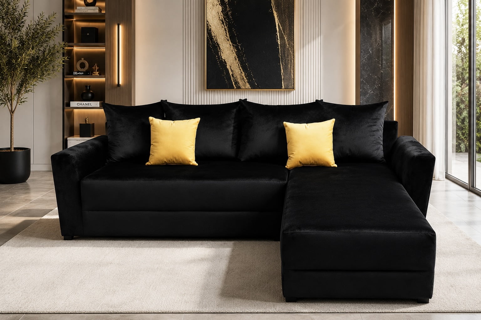Sala esquinera Modular EL BAZAR STORE modelo Samso 240x180 cm terciopelo negro