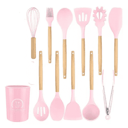 Juego Utensilios de Cocina Kitchen Home Rosa Madera de Silicona 12 Pza