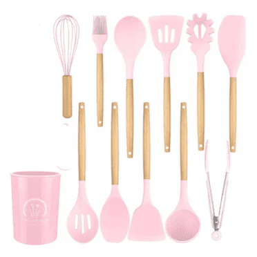 Juego Utensilios de Cocina Kitchen Home Rosa Madera de Silicona 12 Pza