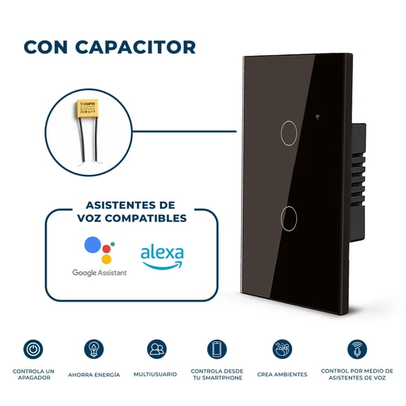 Interruptor Inteligente Wifi Aksi Negro 2 Apagadores 800W, Compatible con Alexa y Google Assistant, Incluye Capacitor, Funciona con y sin Neutro