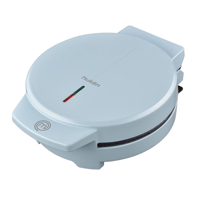 máquina de mini donas masterchef by hukën 7 porciones azul, vista frontal circular con asa fría al tacto y luz indicadora; parrillas con recubrimiento antiadherente y regulador de temperatura automático, función Flash-Cook para donas y hot cakes en menos de 5 minutos, adecuada para repostería casera.