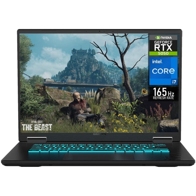 laptop gamer gigabyte gaming a16 geforce rtx 5050 core i7 13620h 16gb ddr5 ssd 512gb 16" teclado español gaming avanzado frontal centrado, pantalla 16" WUXGA 165Hz mostrando escena de juego, carcasa negra, teclado RGB retroiluminado con distribución en español, biseles delgados y etiqueta lateral de GeForce RTX 5050 e Intel Core i7. También suele usarse para edición ligera y multitarea.