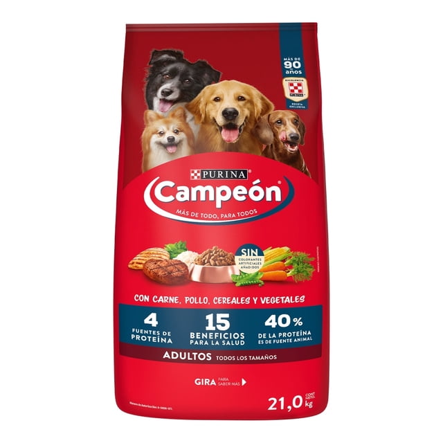 croquetas para perro purina campeon adulto todos los tamaño 21kg Bolsa frontal roja de Purina Campeón, vista centrada con tres perros en la parte superior; texto 'Adultos' y peso 21 kg visibles, ilustración de croquetas con carne, pollo, cereales y vegetales, rótulos que indican 40% proteína de fuente animal, 15 beneficios para la salud y 'sin colorantes artificiales'.