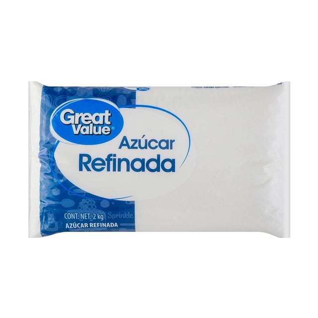 azúcar great value refinada 2 kg Bolsa frontal de 2 kg de azúcar refinada Great Value con empaque blanco y azul, logotipo Great Value y texto «Azúcar Refinada», indicador de contenido neto 2 kg y diseño que sugiere textura fina; ideal para repostería y endulzar bebidas, también suele utilizarse como complemento en recetas caseras.