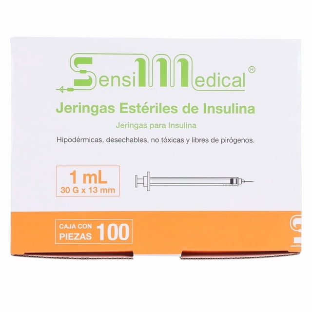 Sensimedical Jeringa para Insulina 1 ml con Aguja 30G x 13 mm, Caja con 100 Piezas