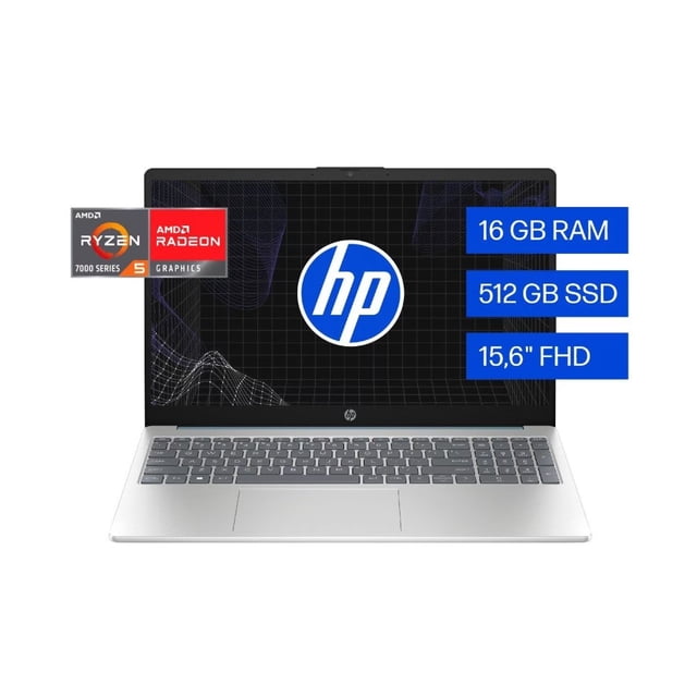laptop hp 15-fc0253la amd ryzen 5 16gb ram 512gb ssd Vista frontal centrada de laptop HP 15,6" Azul claro de luna con pantalla encendida y logo HP, teclado completo con teclado numérico y touchpad, biseles estrechos en tres lados; rótulos en pantalla indican 16 GB RAM y 512 GB SSD. Adecuada como estación móvil para trabajo y estudio.