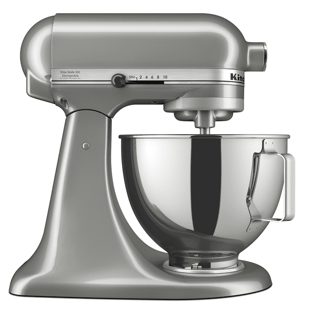 batidora kitchenaid ksm97cu plata Batidora Deluxe KitchenAid 10 velocidades 4.2 L, vista lateral frontal con cabezal inclinable y tazón de acero inoxidable pulido de 4.5 cuartos con asa; cuerpo metálico Contour Silver, perilla de selección de velocidades y montura para accesorios. Suele usarse también para preparar masas pequeñas y montar accesorios opcionales.