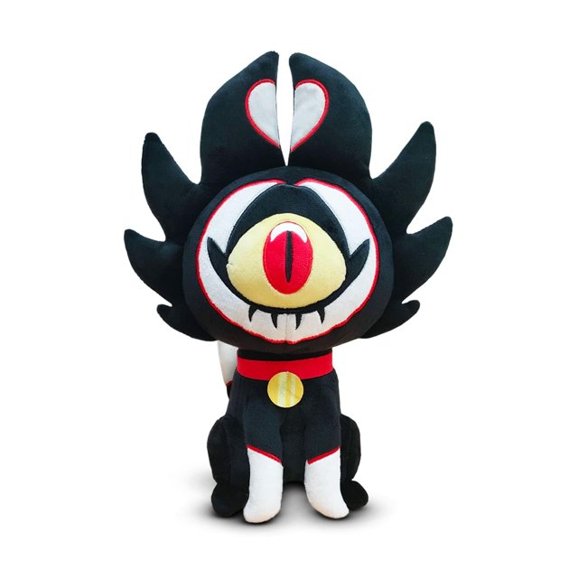 peluche coleccionable youtooz hazbin hotel kee kee de 9 pulgadas Sentado de 9 pulgadas con un único ojo grande rojo y amarillo en el centro de su cara blanca con líneas rojas, melena negra puntiaguda y un corazón entre sus dos largas orejas puntiagudas. Collar rojo con colgante dorado, patas delanteras blancas en contraste con el cuerpo negro y cola larga con punta blanca; vista frontal sobre fondo blanco. Apto como pieza de colección para fans y para abrazar.