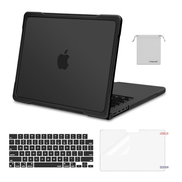 funda mosiso compatible con macbook pro de 14 pulgadas, negra Vista 3/4 trasera de carcasa semitransparente de policarbonato con parachoques TPU y logotipo de Apple visible; cortes para puertos y ventilación. Incluye cubierta de teclado negra a juego, protector de pantalla transparente y pequeña bolsa blanca para accesorios; compatible con modelos A3112 A3185 A3401 A2918 A2992 A2779 A2442.