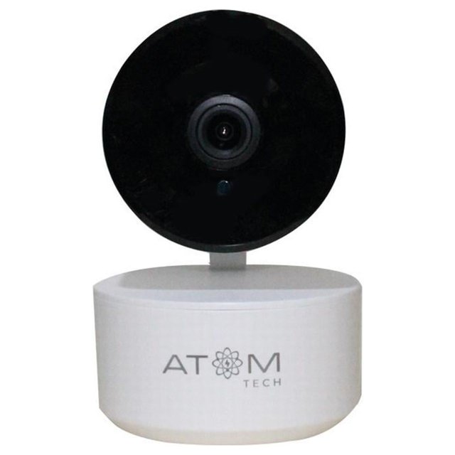 camara inteligente wi-fi ptz atom tech cámara PTZ interior, vista frontal centrada con lente circular negra sobre base blanca con logotipo Atom Tech; giro 360° y zoom, sensor de movimiento con alertas, micrófono y altavoz integrados y control remoto vía app Tuya; adecuada también para monitoreo de mascotas en interiores.
