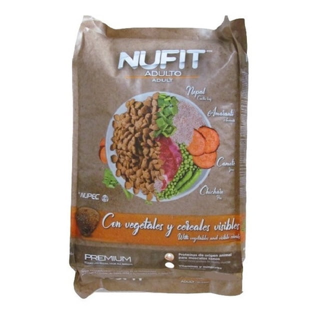 alimento croqueta perro adulto nufit by nupec 25kg Bolsa frontal de 25 kg de croquetas para perro adulto Nufit by Nupec, vista centrada; envase marrón con logo NUFIT en la parte superior, gráfico de plato con croquetas, verduras y cereales visibles, leyendas que enumeran beneficios y análisis nutricional impreso en la parte inferior.
