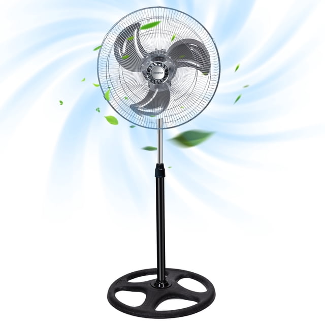 aigostar ventilador de pedestal de 18 pulgadas, aspas metálicas, gran flujo de aire, 3 velocidades, oscilación de 90°, altura ajustable, silencioso, color negro, para uso interior y exterior Ventilador de pedestal negro de 18" en vista frontal con base circular estable y varilla telescópica ajustable; rejilla y tres aspas metálicas cromadas visible en movimiento que indican flujo amplio y oscilación de 90°, perilla mecánica de control de 3 velocidades y asa de transporte; suele usarse también para ventilar áreas de trabajo pequeñas.