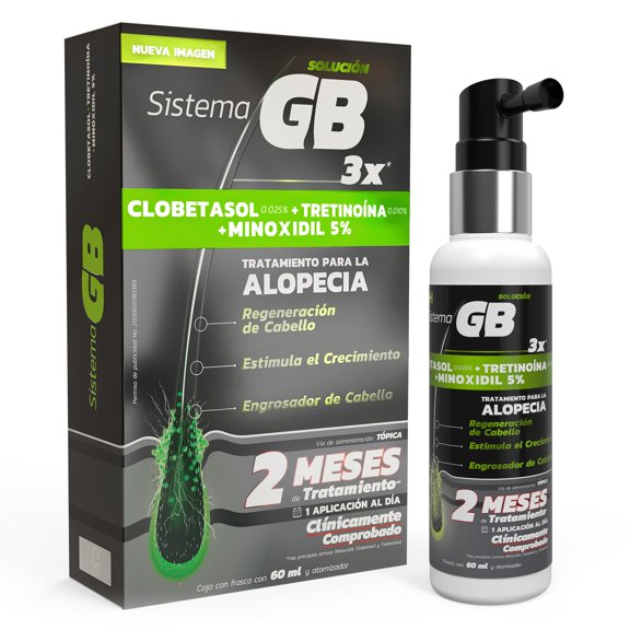 SISTEMA GB - Solución contra la alopecia. Ingredientes activos que combaten la calvicie bloqueando la enzima que tira el cabello. Frasco y atomizador con 60ml