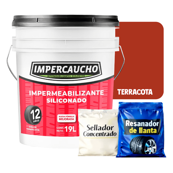Impermeabilizante Impercaucho 12 Años 19L Terracota | Kit Completo con Sellador y Resanador