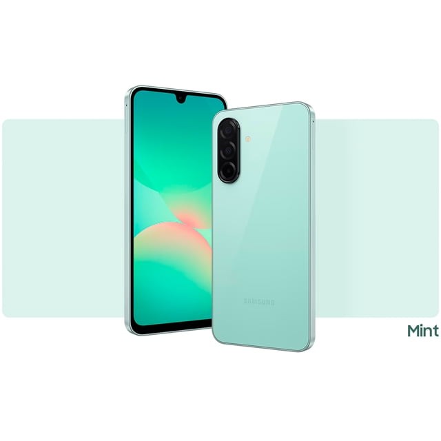 smartphone samsung galaxy a26 5g 128gb 6gb ram blanco dual sim Verde menta, vista 3/4 frontal y trasera: pantalla AMOLED 6.7" (1080x2340) con muesca en V; cuerpo con acabado cristal brillante, módulo triple de cámaras vertical (50MP principal, 8MP ultra gran angular, 2MP macro), lector de huellas lateral y botones laterales. Fondo claro minimalista; también suele usarse como servidor de medios personales para reproducir música y vídeo en viajes.