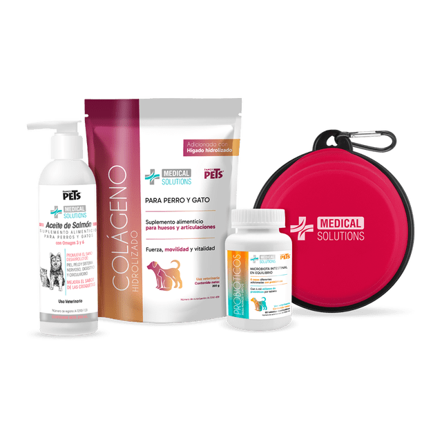 kit de suplementos para perros y gatos medical solutions colágeno probióticos omega 3 kit completo de suplementos para mascotas perro y gato — Vista frontal: bolsa blanca y rosa de colágeno hidrolizado 200 g etiquetada "Para perro y gato", frasco blanco de probióticos masticables (60 tabletas), botella dispensadora blanca de aceite de salmón Omega-3 250 ml y plato plegable rojo con logo Medical Solutions. Presentación multicolor que destaca suplementos para movilidad, digestión, piel y bienestar; el plato plegable es adecuado para uso portátil.