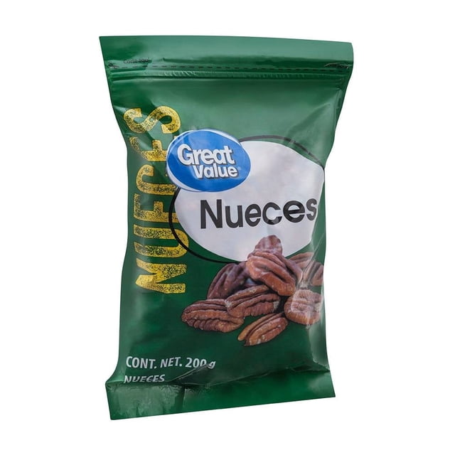 nuez great value 200 g Bolsa frontal verde con logo Great Value y la palabra "Nueces" en un óvalo blanco; paquete sellado vertical de 200 g muestra mitades de nuez pelada en la parte inferior sobre fondo blanco, empaque práctico para despensa o llevar en bolso.