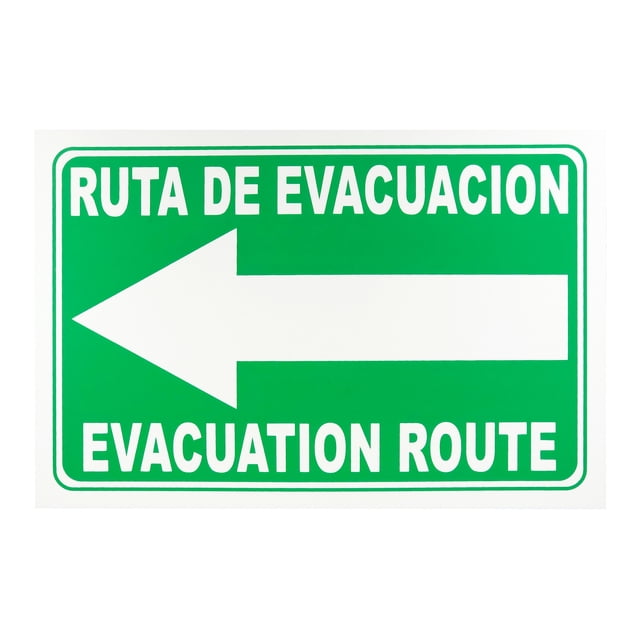 señalamiento de seguridad, ruta de evacuación izquierda, 20x30 cm, español - inglés Señal rectangular frontal de 20 x 30 cm con fondo verde y textos en blanco; leyenda superior 'RUTA DE EVACUACION' y inferior 'EVACUATION ROUTE'; flecha blanca ancha centrada apuntando a la izquierda; fabricado en estireno calibre 30, alta resistencia para interiores y exteriores, ideal para señalización de emergencia en oficinas y escuelas.