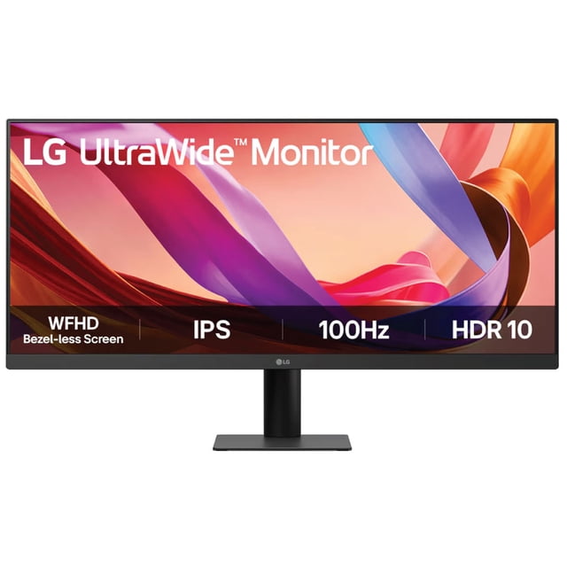 monitor ultrawide lg 29 pulgadas panel ips 29 pulgadas (2560×1080) en negro, vista frontal centrada con bisel prácticamente sin bordes en tres lados, soporte vertical y base rectangular; pantalla muestra etiquetas IPS, 100 Hz y HDR10; color calibrado y pensado para multitarea y edición multimedia eficiente.