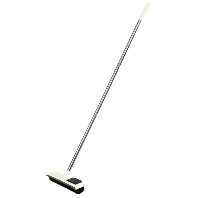 cepillo para fregar pisos cepillo para fregar baños con mango largo vista frontal en 3/4, palo metálico plateado con empuñadura clara y cabezal rectangular de plástico con cerdas negras; material plástico, tamaño 120 x 23 x 6.50 cm, diseñado para fregar pisos y limpiar revestimientos resistentes, barre polvo y suciedad con rapidez y suele usarse como regalo de inauguración de casa.