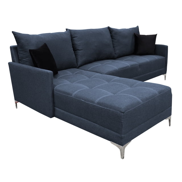 sala esquinera caslon azul marino el bazar store 260x180 cm lino nacional modular seccional en L, vista 3/4 frontal; tapizado en lino azul marino con abotonado y doble costura, acolchado en hule espuma de alta densidad y delcron en cojines, respaldo con tres cojines grandes y dos cojines pequeños, patas se entregan por separado según instructivo, medidas 260 x 180 x 75 cm; también adecuada como área de lectura o sala de visitas.