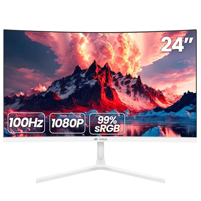 monitor curvo crua 24" fhd (1920 × 1080p) 100 hz 99% srgb blanco vista frontal centrada de monitor curvo CRUA de 24" en color blanco con peana en Y y pantalla casi sin bisel que muestra imagen 1080p, indicadores en pantalla 100Hz y 99% sRGB, panel VA curvo y puertos HDMI/VGA compatibles; a menudo usado como monitor secundario en configuraciones dobles.