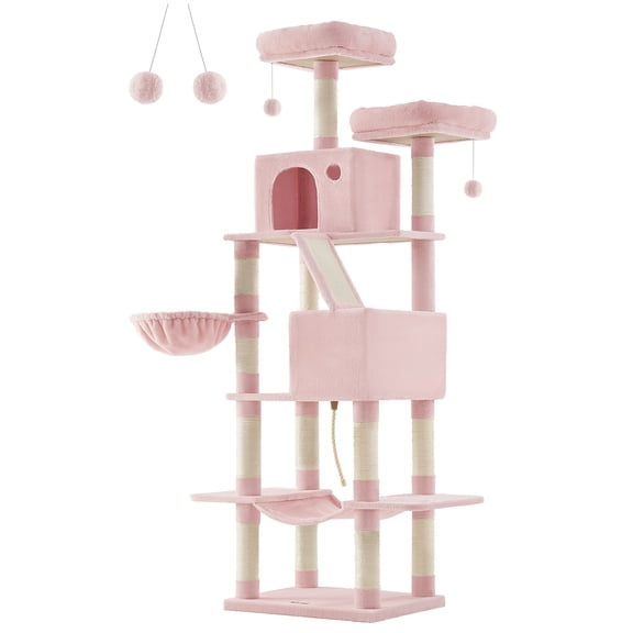 Feandrea Árbol para Gatos de 206 cm de Altura, Torre de Gatos con 13 Poste, 2 Cuevas, 2 Plataformas, Cesta, Pompón, Hamaca, Rosa Jalea