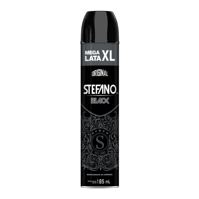 desodorante hombre stefano black xl spray 185ml Aerosol XL negro, vista frontal de lata cilíndrica alta con tapa negra; etiqueta con texto blanco 'STEFANO' y 'BLACK', banda superior gris 'MEGA LATA XL', diseño ornamental oscuro y marcado '185 mL'; sensación ligera y secado rápido según especificación; suele llevarse en kit de viaje o gimnasio.