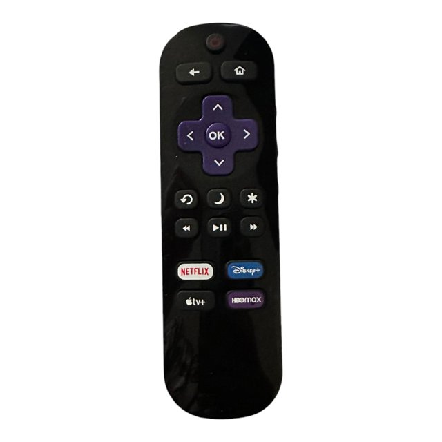 control remoto compatible con roku tv daewoo onn negro 16 pilas, vista frontal centrada; control alargado negro con cruceta morada y botón OK, botones de navegación y reproducción, y botones de acceso rápido a Netflix, Disney+, Apple TV+ y HBO Max. Apto como reemplazo directo si el control anterior es físicamente igual al mostrado.