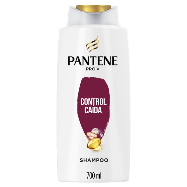 shampoo pantene pro-v control caída 700 ml botella blanca frontal con tapa dorada, logo Pantene Pro-V y emblema dorado, etiqueta violeta con texto "Control Caída", ilustración de cápsulas doradas y perladas y la palabra "shampoo" sobre la base donde indica 700 ml.