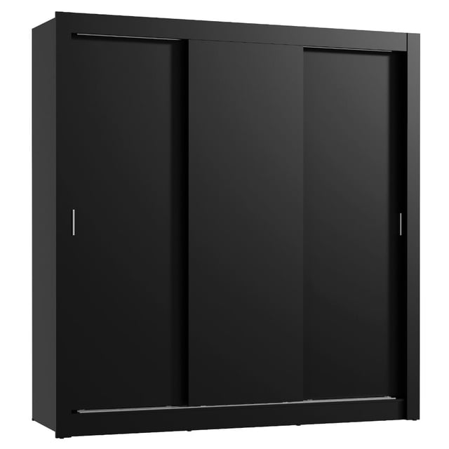 ropero closet madesa monaco 3 puertas corredizas negro frontal: closet rectangular negro con tres puertas corredizas y dos tiradores laterales, acabado liso en pintura poliéster y rieles de aluminio superior e inferior; interior preparado para colgar ropa larga y varios nichos, medidas 205 cm alto × 170 cm ancho × 46 cm fondo; también suele usarse como armario de almacenamiento para temporada.