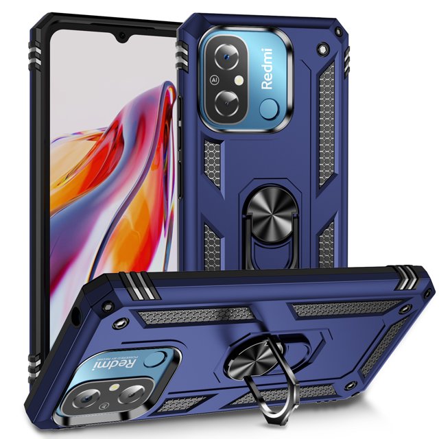 funda de teléfono para xiaomi redmi 12c de uso rudo shockproof + cristal 9d Azul, vista 3/4 frontal y posterior que muestra carcasa rígida con acabado texturizado y suave al tacto, protecciones reforzadas en esquinas y bisel elevado de cámara, anillo giratorio metálico integrado que sirve como soporte y recortes precisos para botones y puertos.