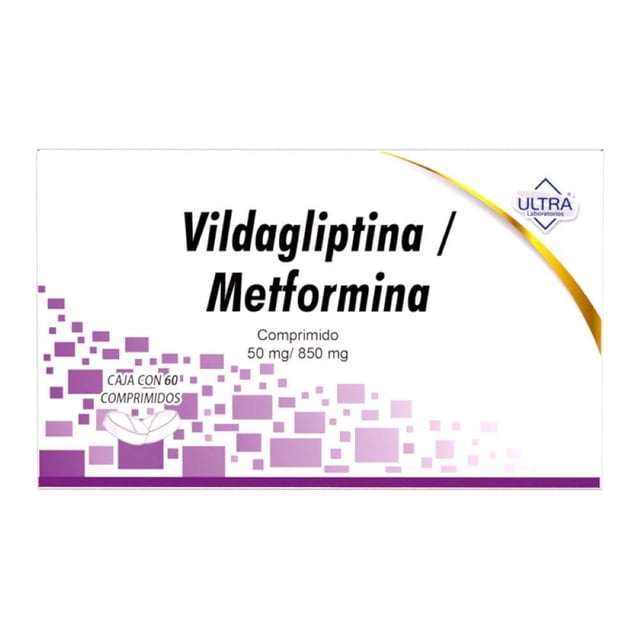 ultra vildagliptina metformina 50 mg/850 mg 60 comprimidos — Caja frontal blanca con texto negro “Vildagliptina / Metformina”, dosis 50 mg/850 mg, logotipo Ultra en la esquina superior derecha, mosaico y franja morada en la parte inferior y sello que indica caja con 60 comprimidos.