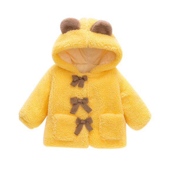 Abrigo De Invierno Para Niños Pequeños Chaquetas De Abrigo Para Niñas Bebé Color Sólido Felpa Lindo Oso Orejas Sudadera Con Capucha Abrigo Grueso Chaqueta Amarilla Odeerbi LM103-9132