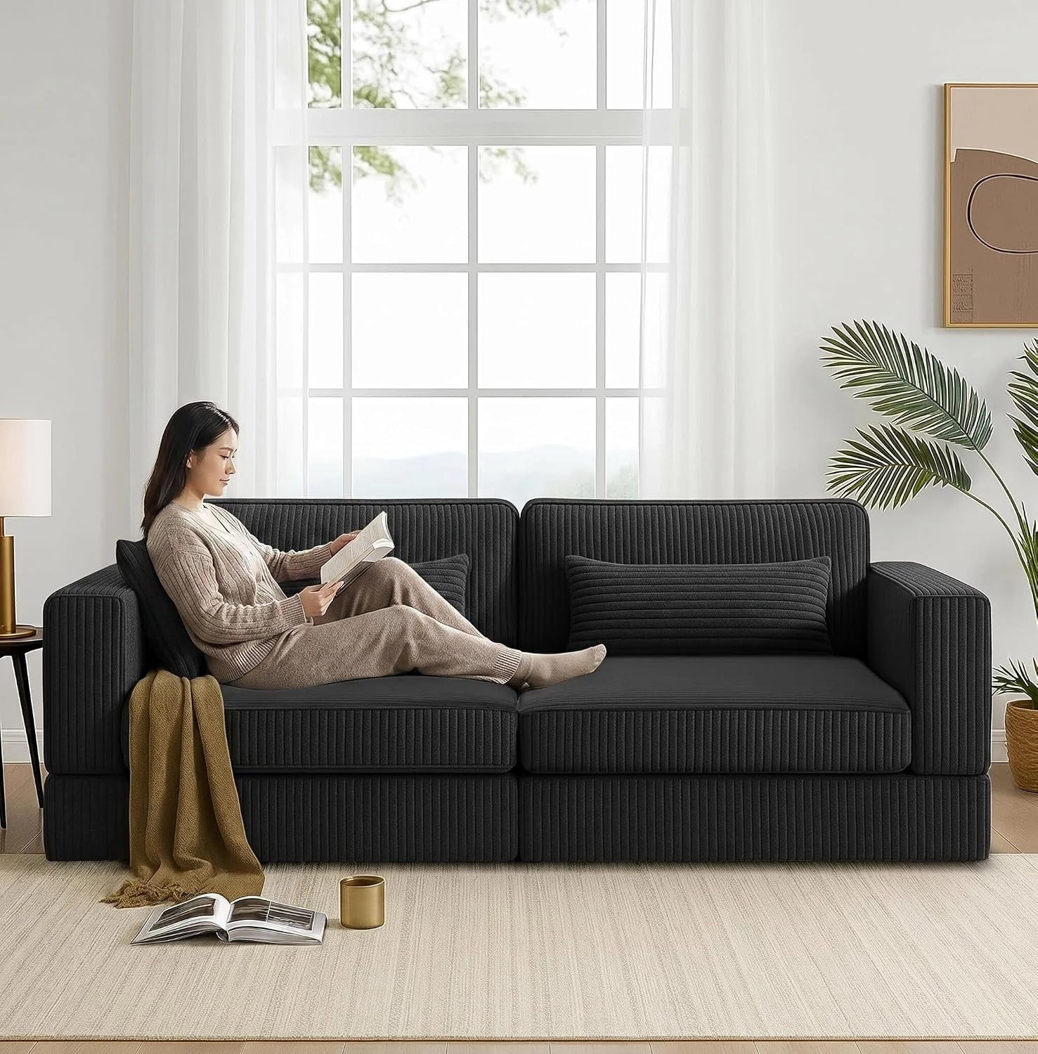 Sofá Cama de 2 Plazas para Salón, Sofá Modular Convertible con Espuma Viscoelástica, Mueble de Ahorro de Espacio, 180×180×80 cm (Negro)