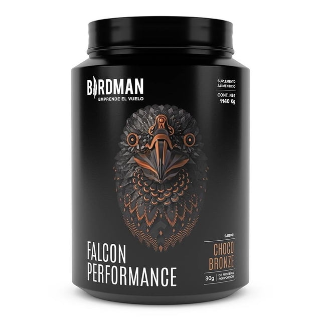 suplemento alimenticio bridman falcon performance sabor choco bronze 1140 kg frasco negro frontal con etiqueta, ilustración de halcón geométrico en tonos cobre y gris, texto Falcon Performance y Choco Bronze y tapa de rosca negra. También suele usarse como envase reutilizable para guardar suplementos en polvo pequeños.