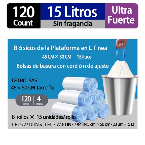 120 Piezas Bolsas De Basura Con Cordón Engrosadas, Forro De Basura Resistente a Fugas, 45 x 50cm, 15 Litros, Blancas Impermeables Adecuadas Para Cocina, Dormitorio, Baño y Oficina