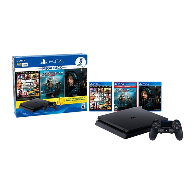 consola playstation 4 1tb más 3 videojuegos hits 13 Caja Mega Pack PlayStation 4 1TB con consola slim negra y control DualShock 4 en vista frontal; a un lado se muestran las carátulas físicas de Grand Theft Auto V, God of War y Death Stranding y el distintivo de 3 meses de PlayStation Plus, sobre fondo blanco.