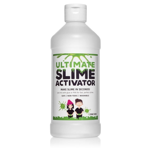 slime activator ultimate science borax, 473 ml, fabricado en ee. uu. Botella frontal de 473 ml con etiqueta blanca y verde que muestra "Ultimate Slime Activator", tapa blanca y frasco translúcido; solución de bórax lista para añadir al pegamento para ajustar la consistencia y crear slime elástico.