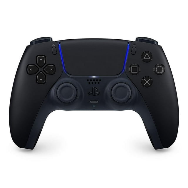 control inálambrico dualsense playstation 5; negro vista frontal centrada del control inalámbrico DualSense para PlayStation 5 en color negro, silueta ergonómica, panel táctil rectangular superior con luces LED azules en los bordes, dos joysticks simétricos, cruceta D-pad a la izquierda, botones de acción a la derecha y botón PlayStation en el centro; fondo blanco minimalista; también suele usarse para controlar estaciones de juego portátiles debido a su tamaño compacto.
