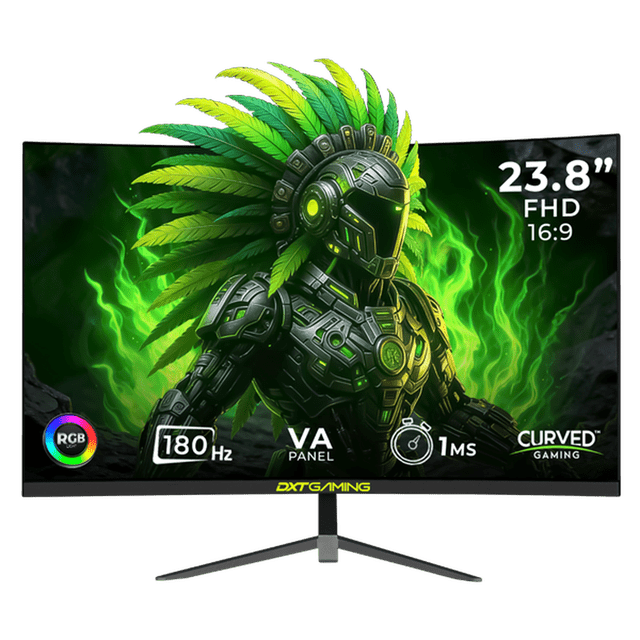 monitor gamer curvo 23.8" dxt gaming sight 1ms 180hz fhd va dp hdmi altavoces negro dxt2383cbk Curvo 23.8" FHD con panel VA en negro, vista frontal centrada; pantalla curva R1800 mostrando arte digital verde, base en Y y biseles delgados con logotipo DXT GAMING en la parte inferior. Pantalla muestra iconos de 180Hz, 1ms, VA y RGB; especificaciones incluyen Adaptive-Sync, bocinas integradas y conectividad DisplayPort/HDMI según ficha técnica; adecuado para setups gaming inmersivos.
