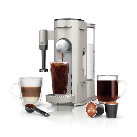 Cafetera de una sola porción Ninja Pod & Grounds, compatible con cápsulas K-Cup, prepara molidos, diseño compacto, espumador de leche incorporado, 56 oz. Depósito, 6 oz. Taza a 24 oz. Tamaños de taza,