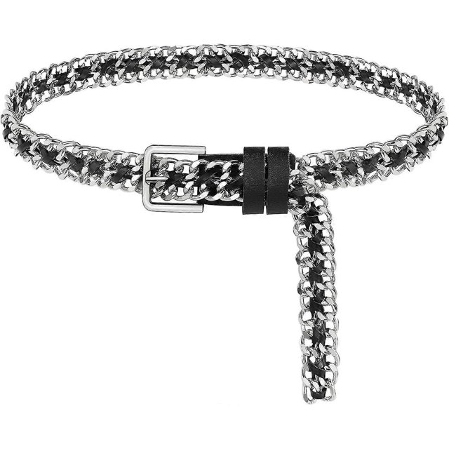 Silver Black Metal Punk Belts Leather Chain Waist Belt For Women Dresses